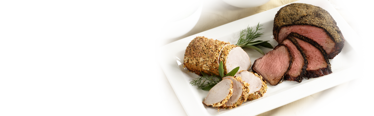 ALL the ingredients of a global leader - photo of white dish with pork roast & beef roast sliced.